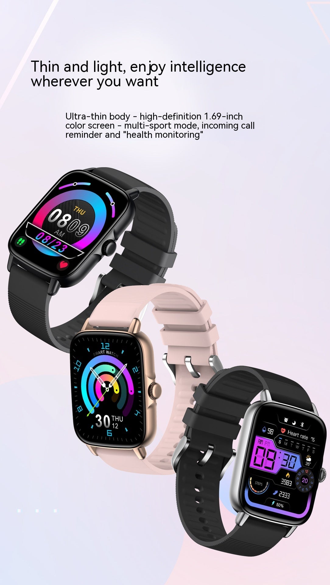 New KT58 Smart Watch 169 Bluetooth Heart Rate Blood Pressure Oximeter Step Smart Sport Bracelet