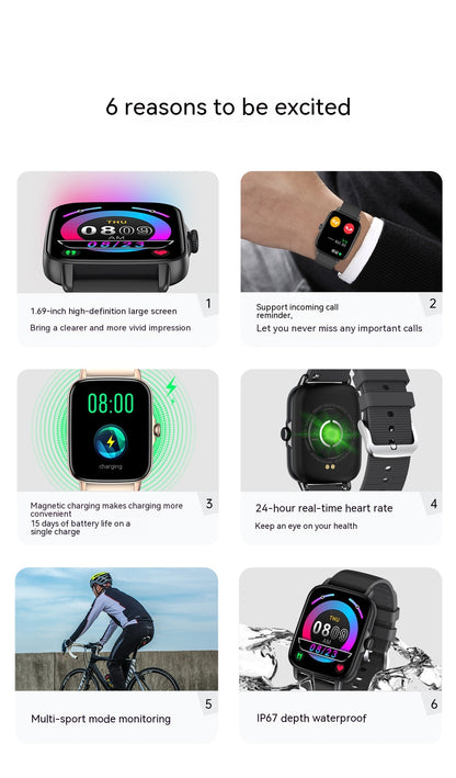 New KT58 Smart Watch 169 Bluetooth Heart Rate Blood Pressure Oximeter Step Smart Sport Bracelet